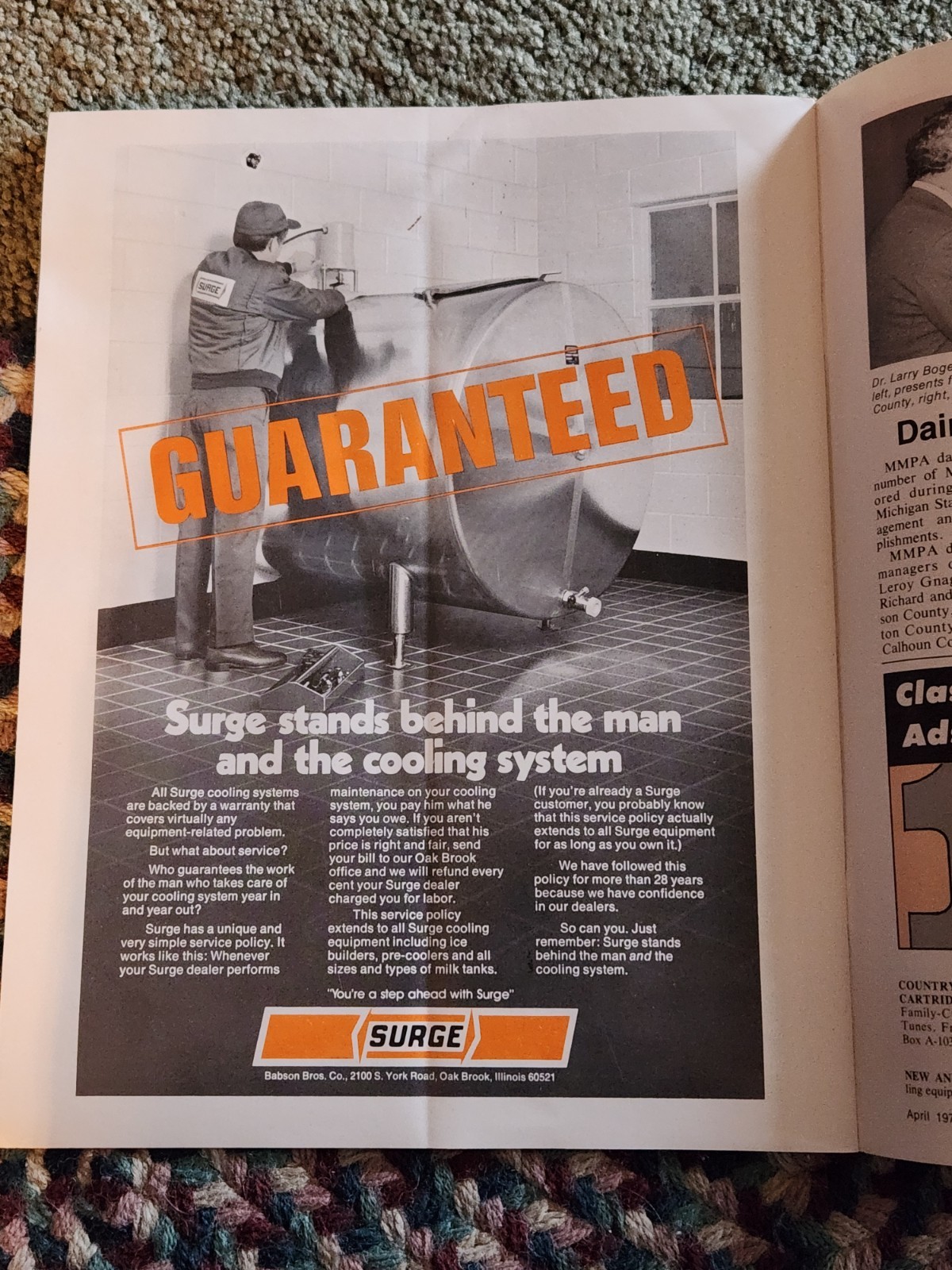 SURGE Farm bulk Tank Cooler AD In Vintage 1973 Michigan Milk Messenger Magazine