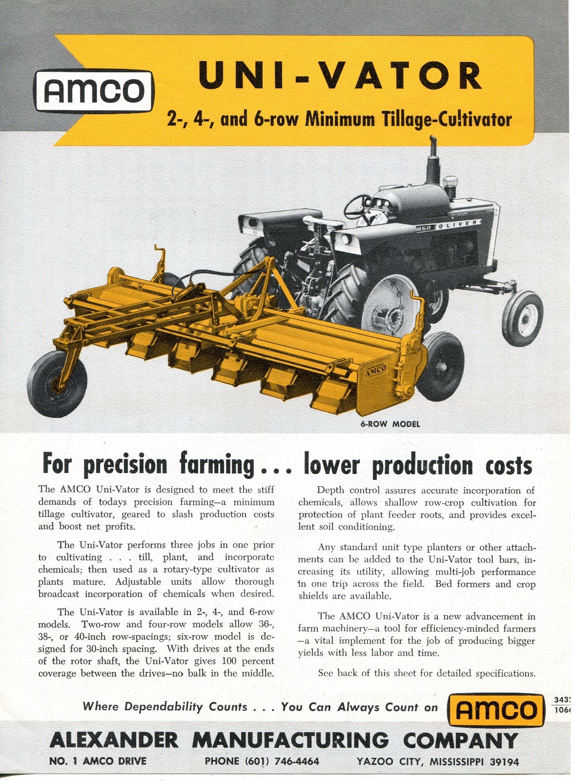 1966 Brochure Print Ad of Amco Uni-Vator Tillage-Cultivator Oliver 1850 Tractor