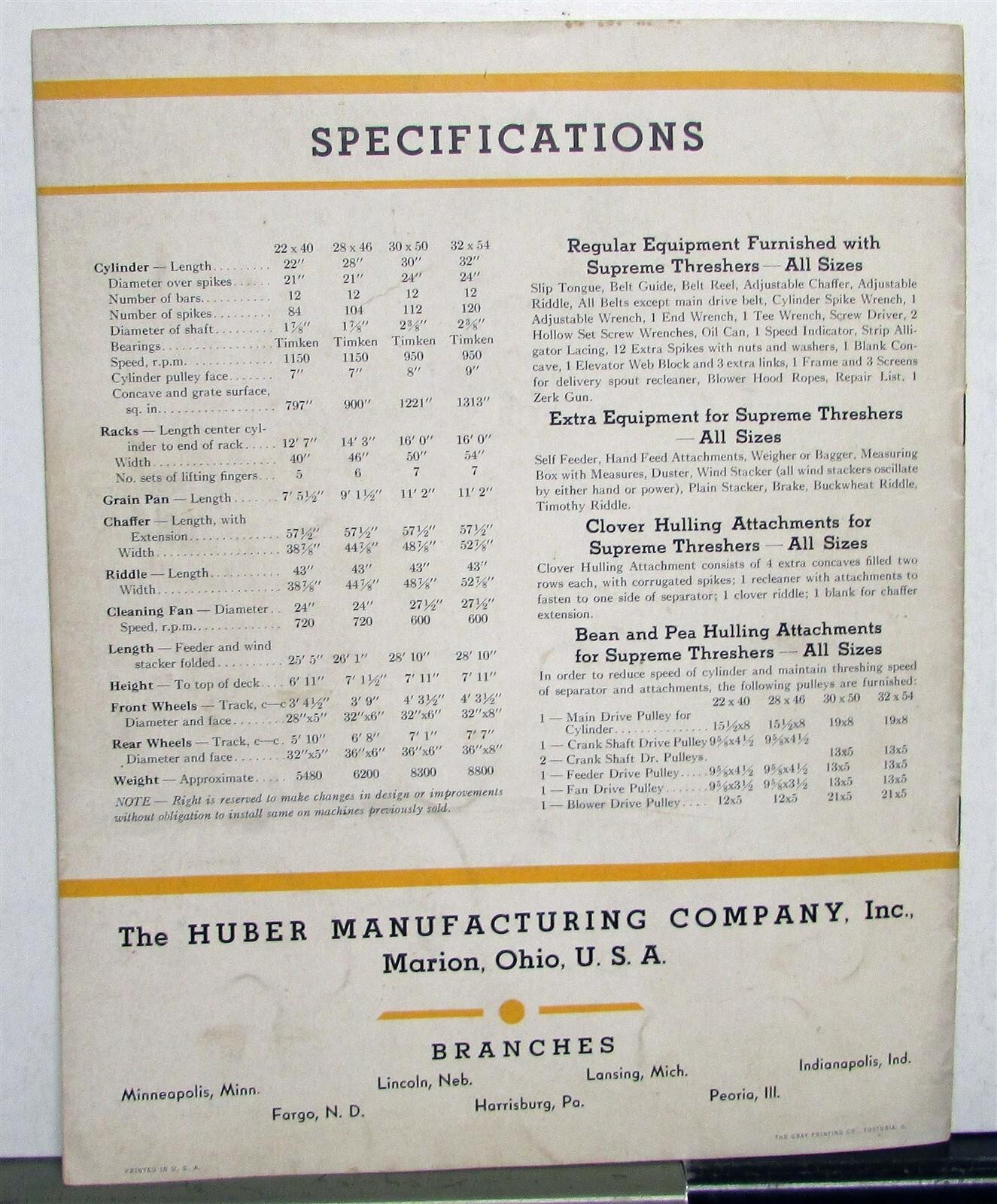 1930s Huber Supreme Threshers Specifications Agriculture Sales Brochure