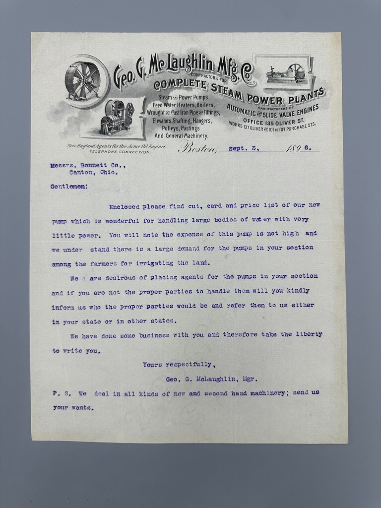 1896 McLaughlin STEAM POWER ENGINES Acme Oil Farm Advertising Letter Boston