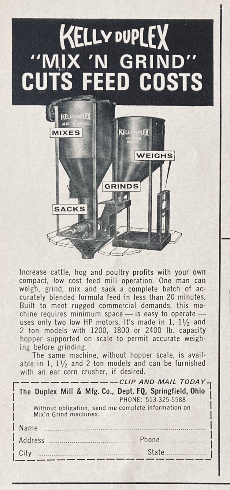 1964 AD.(XH38)~DUPLEX MILL MFG. CO. SPRINGFIELD, OHIO. KELLY DUPLEX FEED MILL