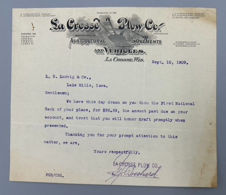 1909 LA CROSSE PLOW Co Wisconsin Advertising FARM Machinery Letter