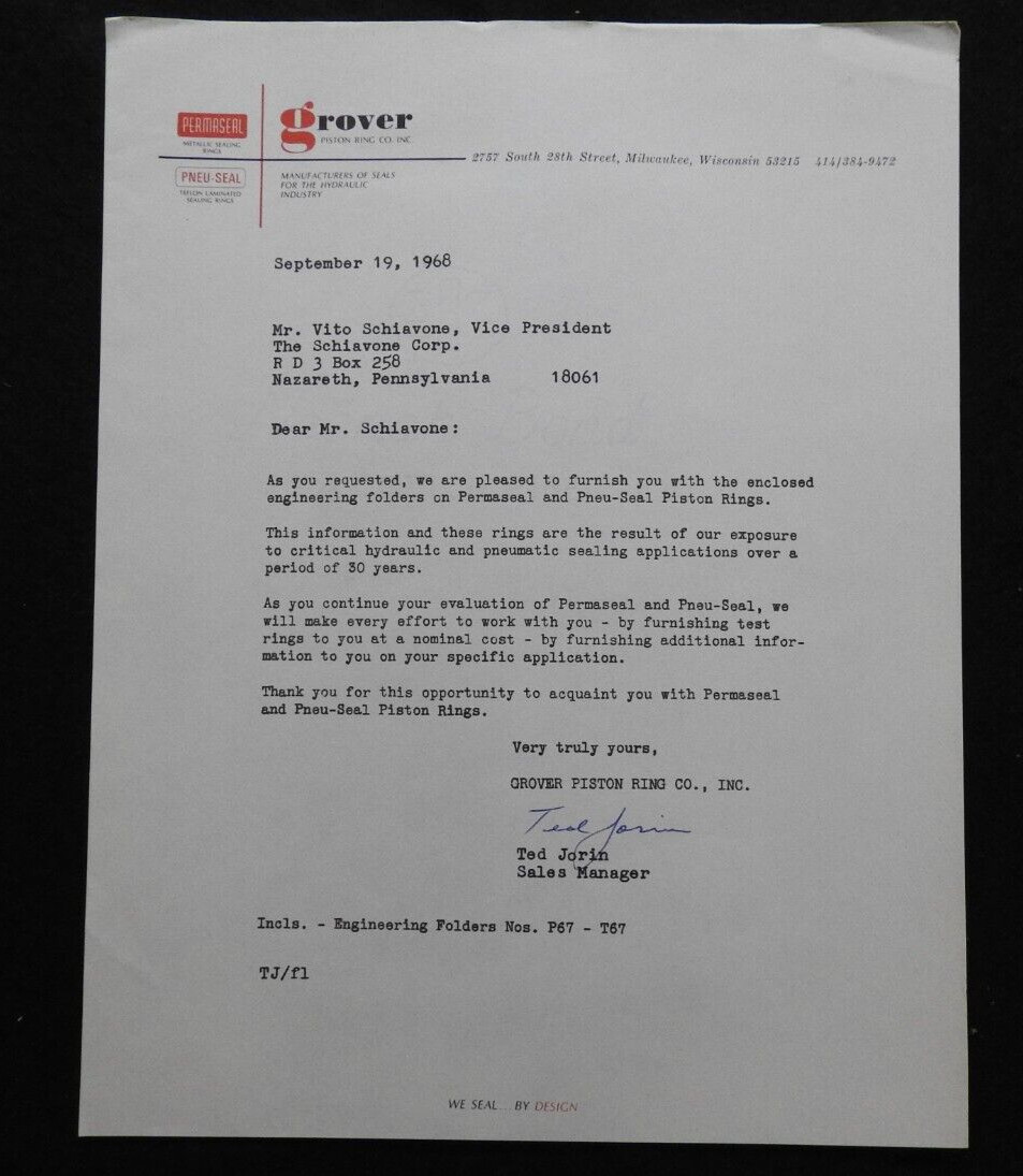 1968 Grover « Permaseal » Piston Ring Company Engineering Brochure Signed Letter