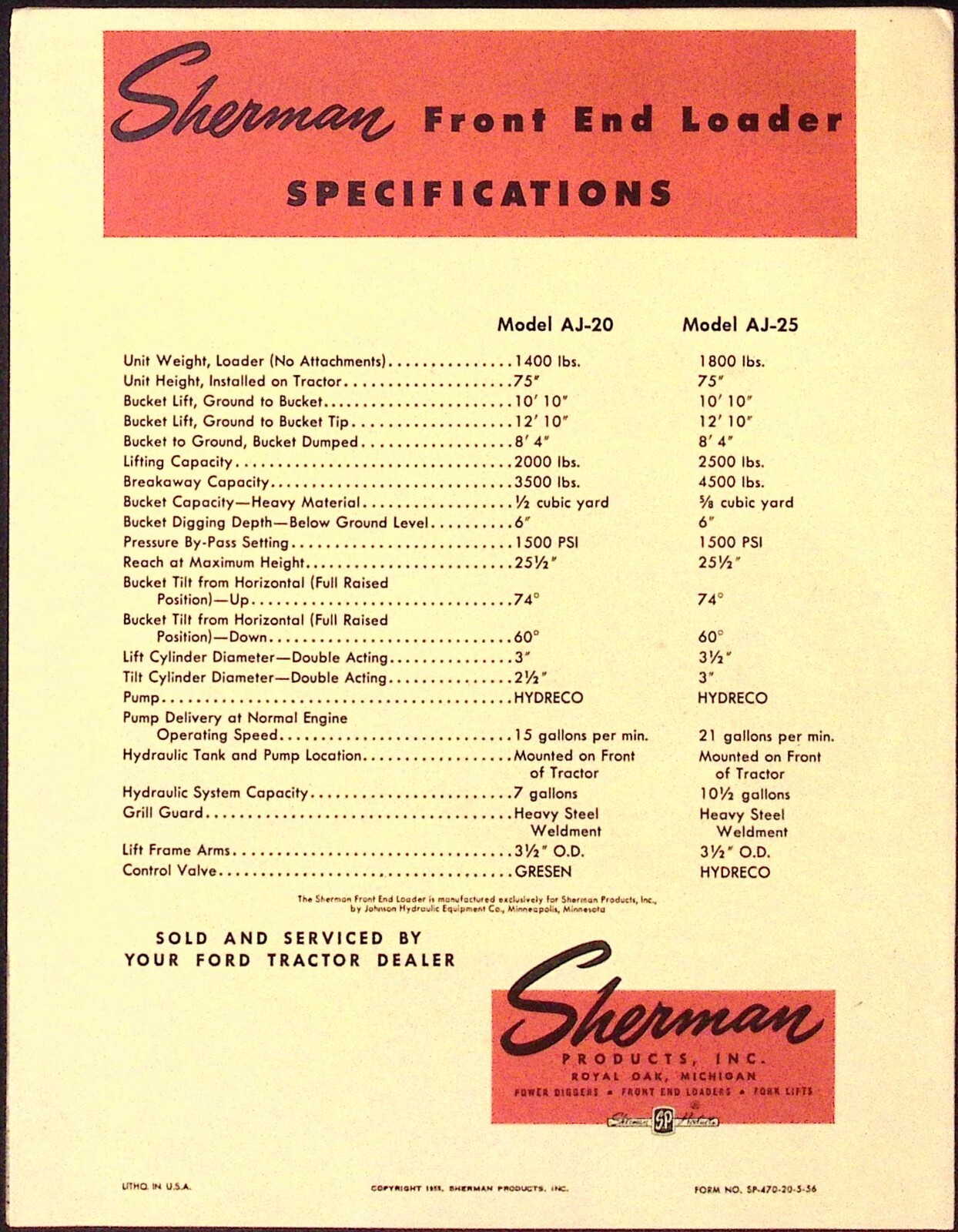 1957 Sherman Front End Loader Fold Out Dealer Sales Brochure Royal Oaks MI