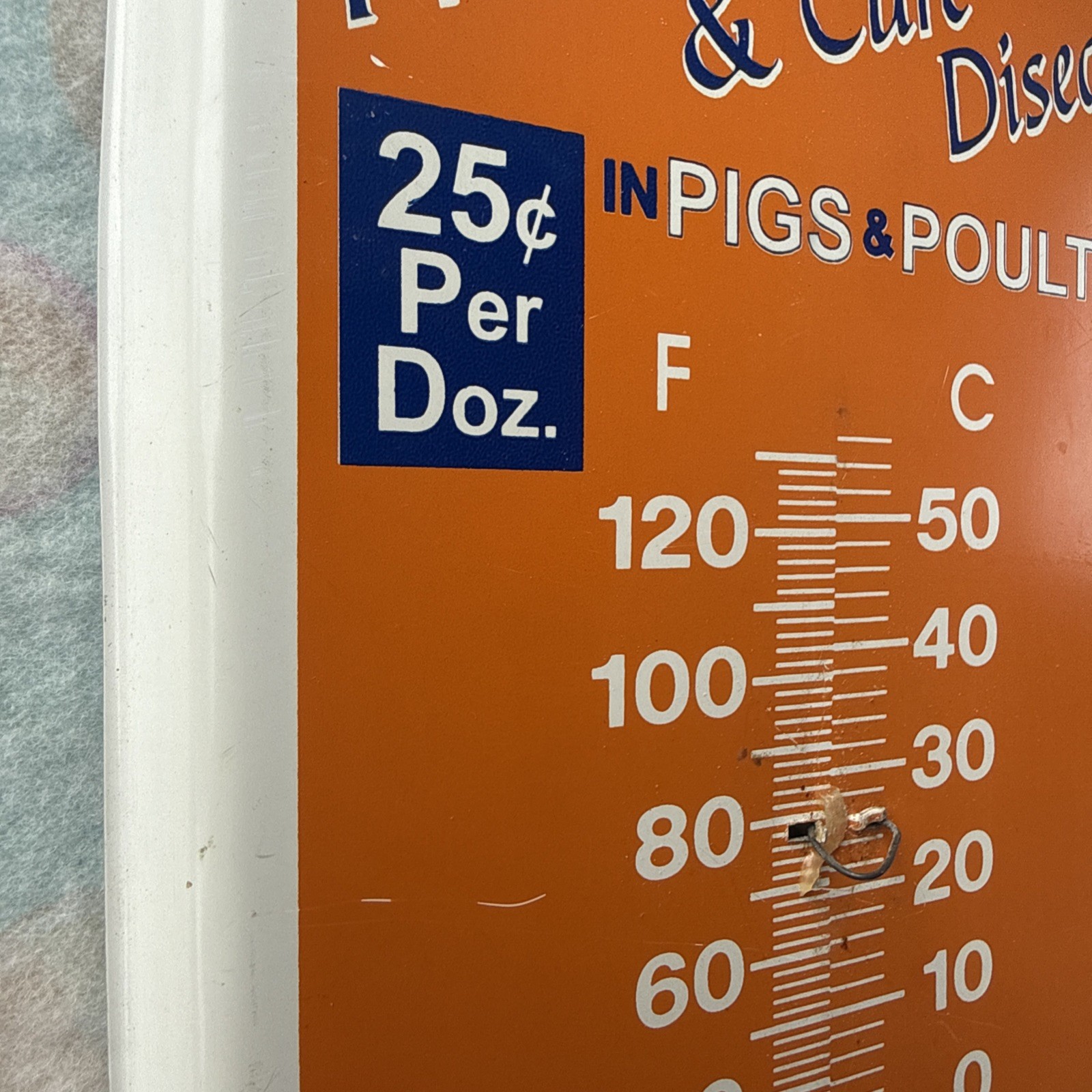 Vintage Pruett’s Pig Powders 16” Metal Taylor Thermometer -Tin Farm Sign!