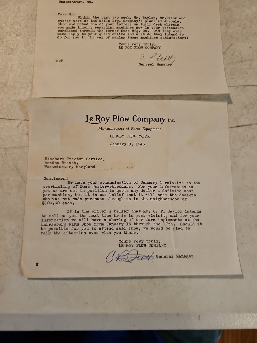 Pair Of 1946 Le Roy Plow Company Letters To Customer.