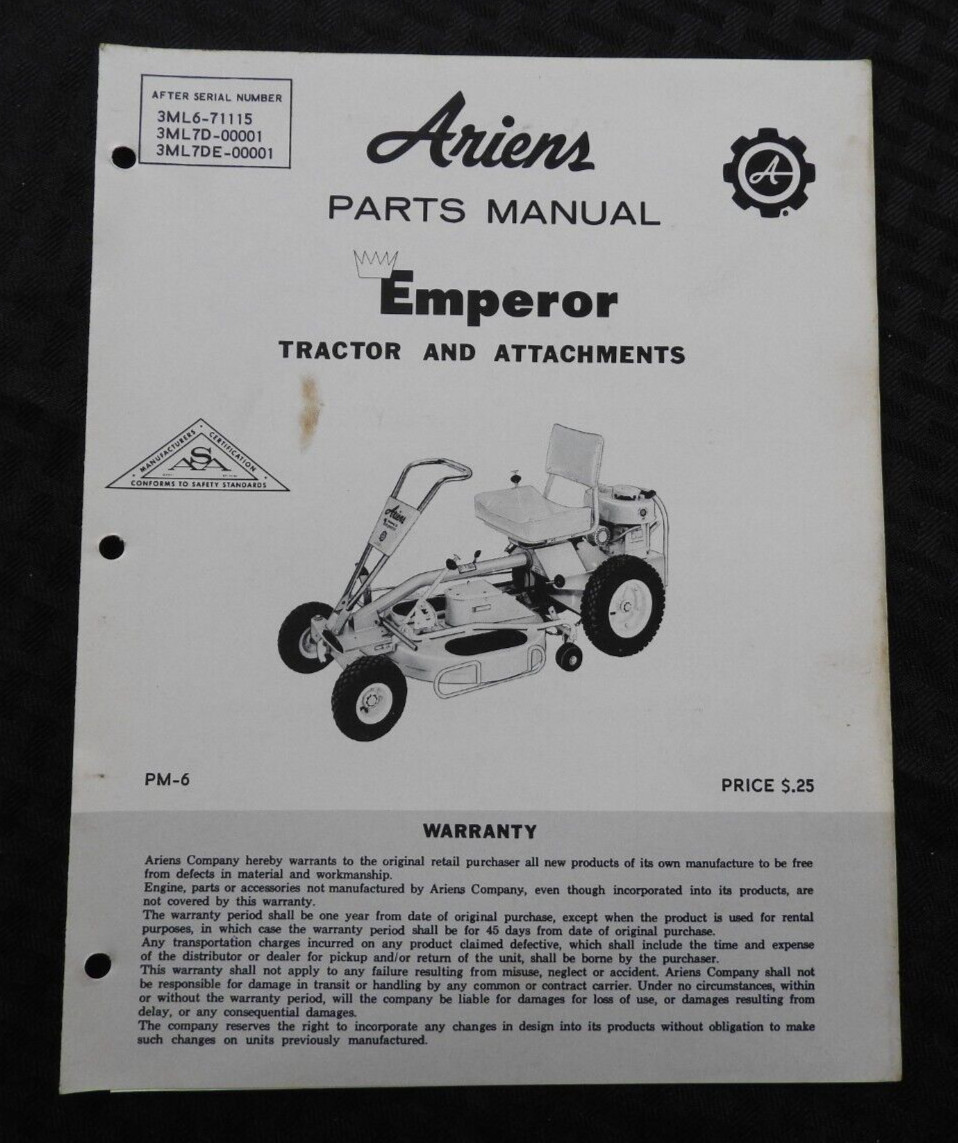 ORIG 1962-1968 ARIENS Emperor 6 Riding Lawn Mower Tractor Parts Catalog Manual