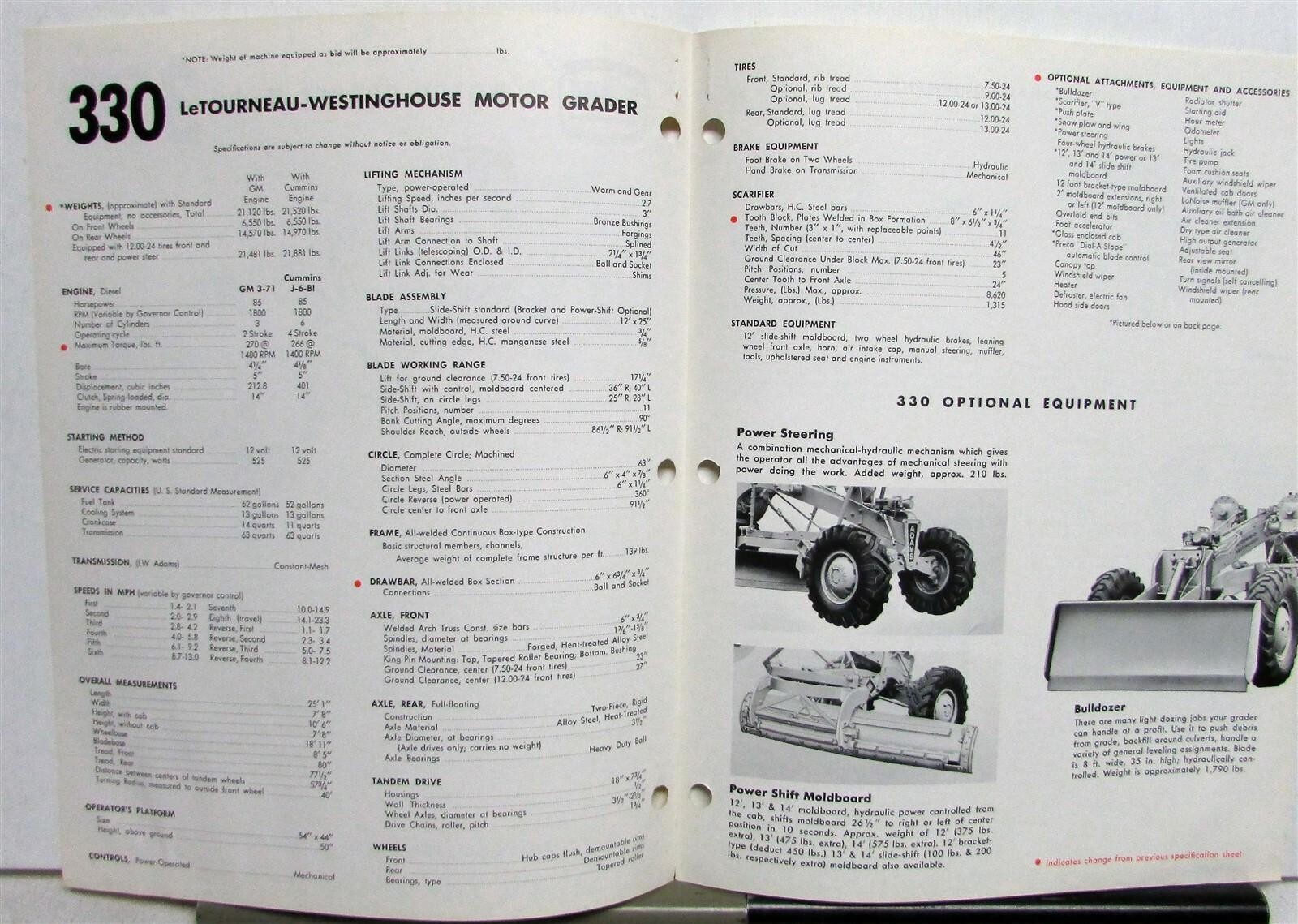 1961 LeTourneau Westinghouse Motor Grader 330 Construction Sales Folder