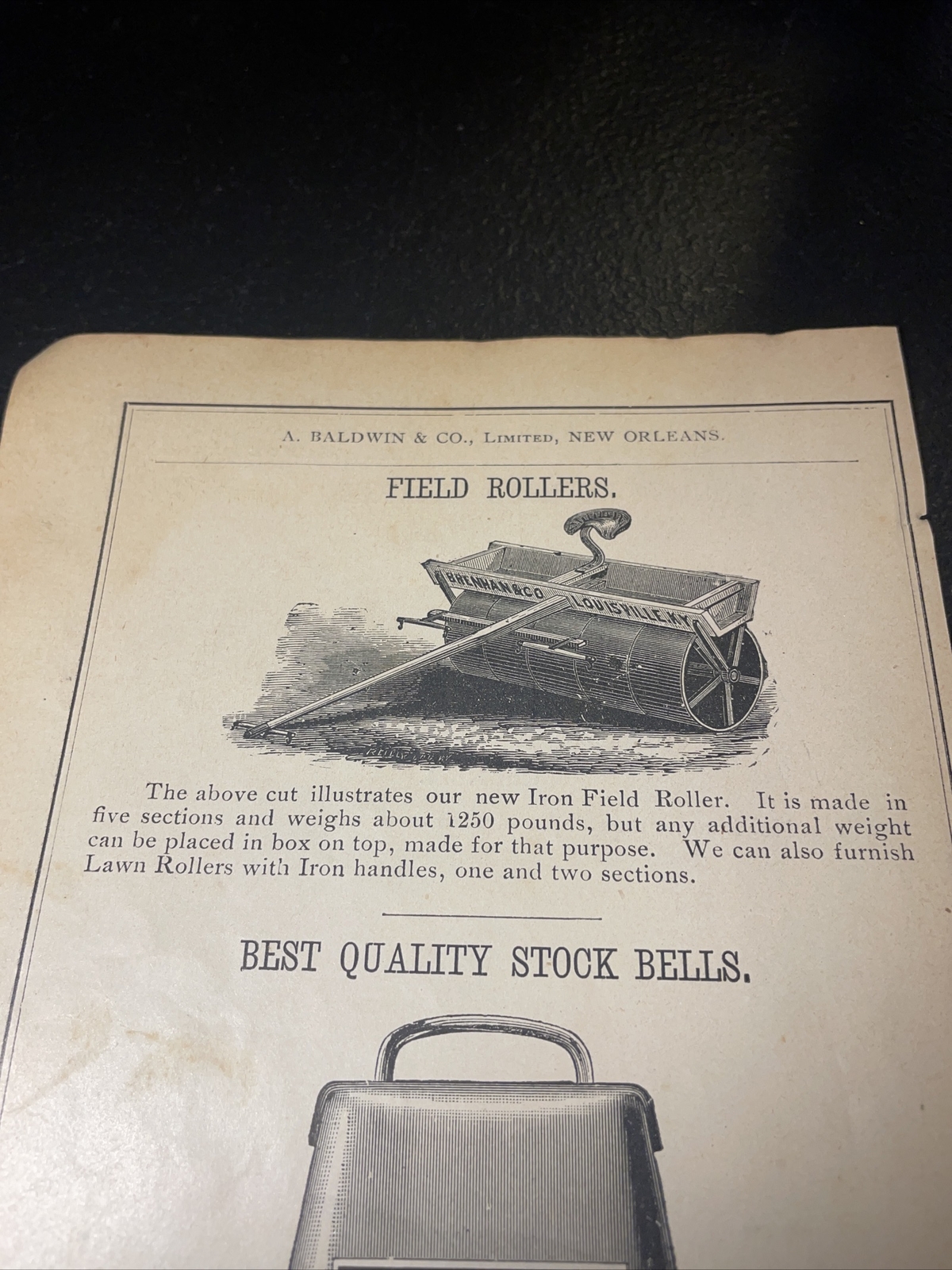 1891 Baldwin – Brenhan Roller / Wilson Stock Bell Farm Advertising – Louisville