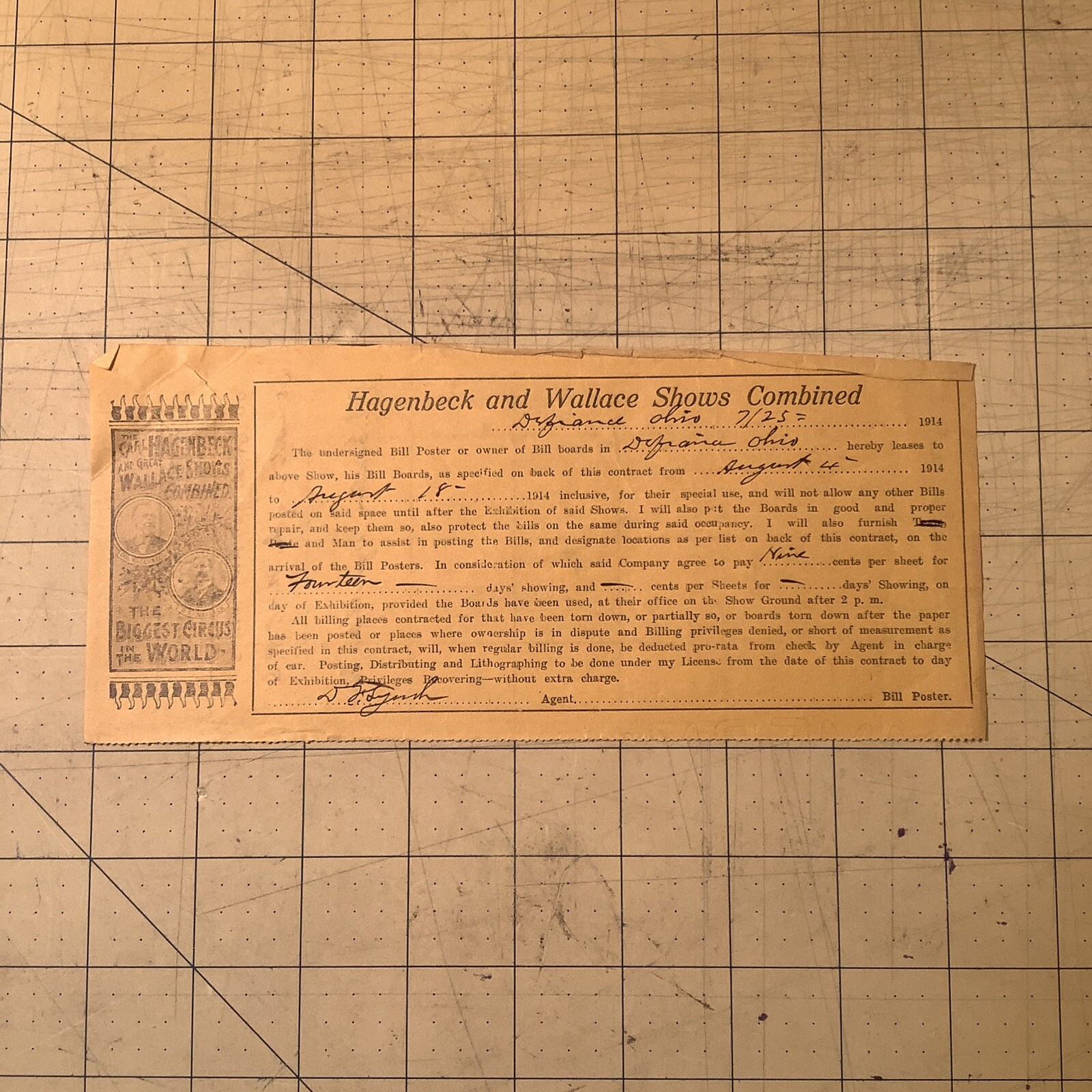 1914 Hagenbeck And Wallace Shows Contract Defiance, Ohio ￼INV-P0153