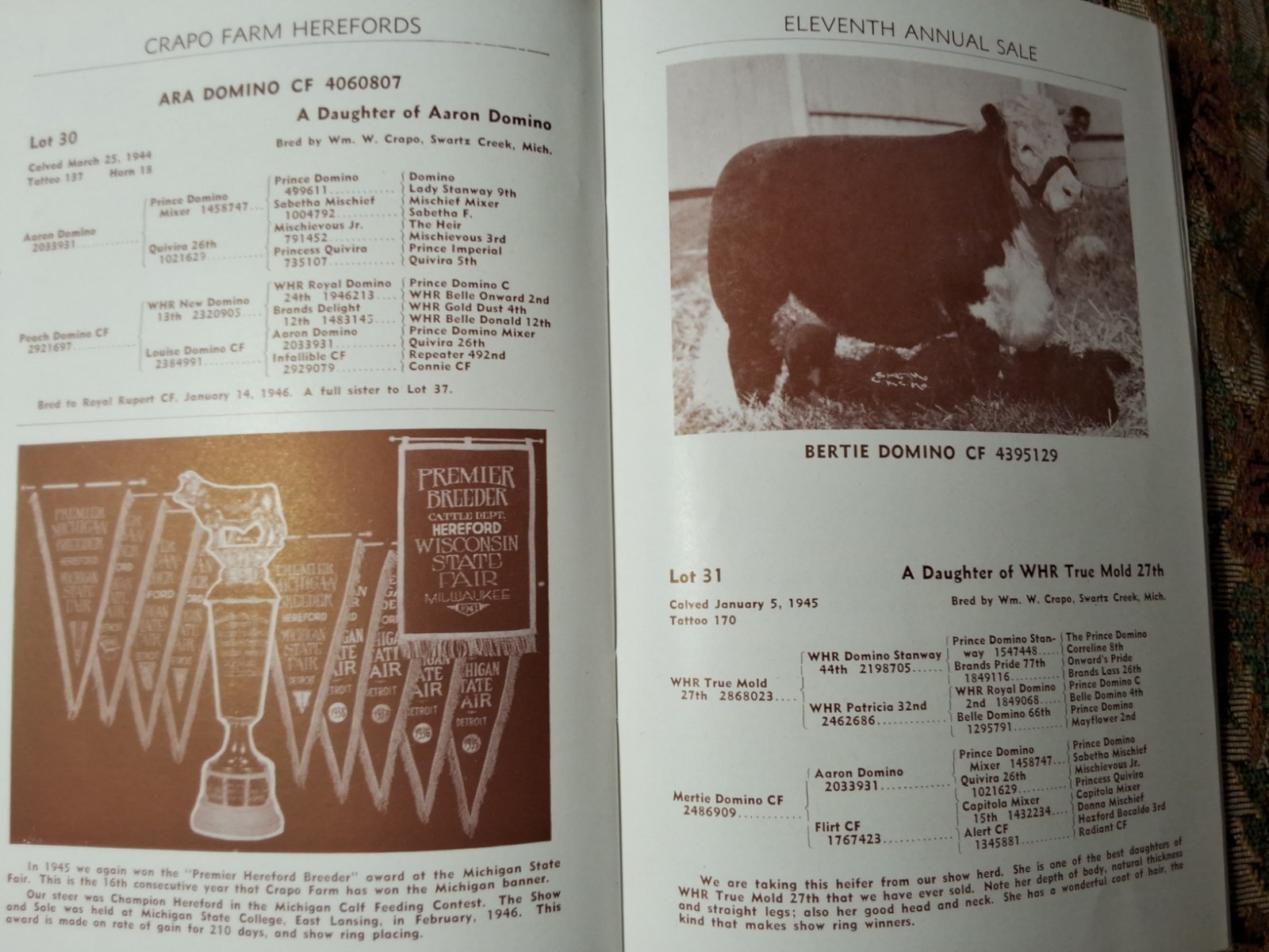 Vintage Crapo Farm Herefords Auction 1946 Sale Catalog Swartz Creek Michigan