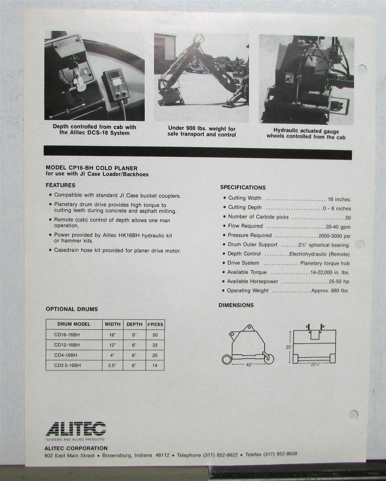 1980s Alitec CP16-BH Cold Planer Construction Sales Data Sheet