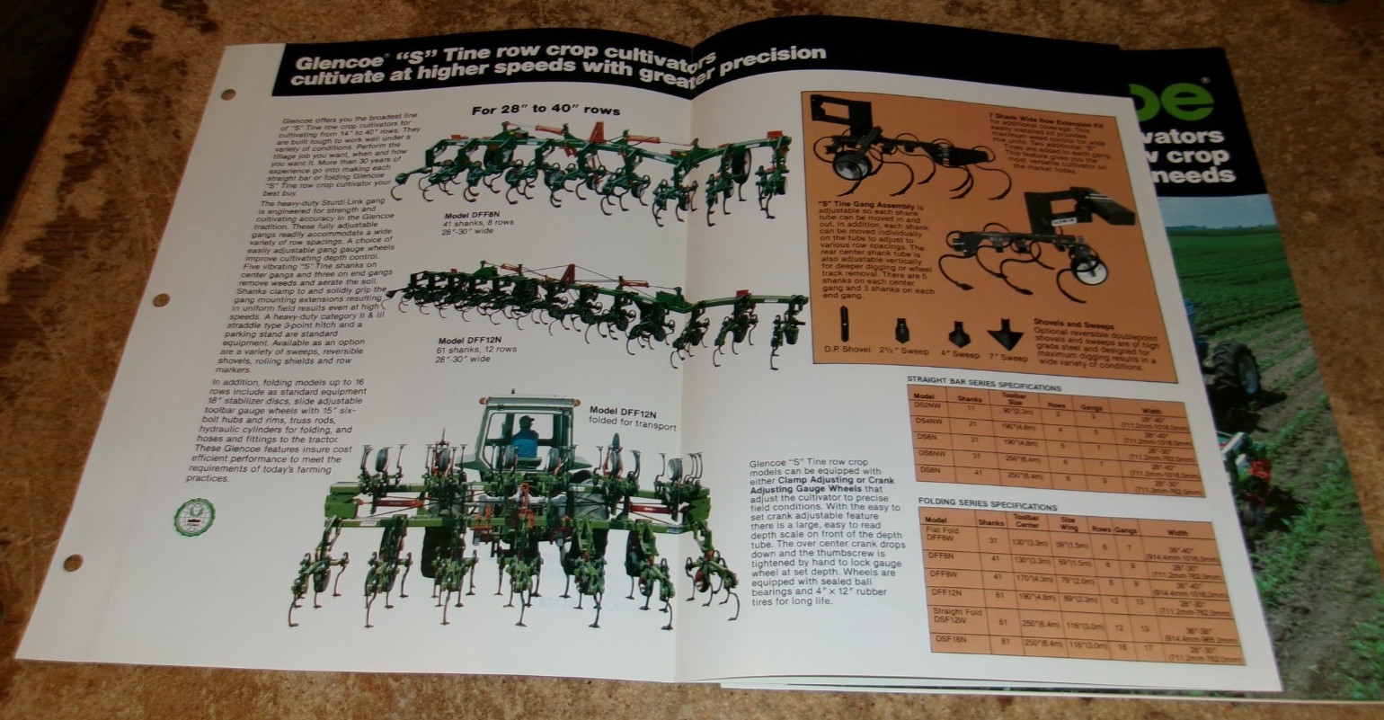 2-lot 1983 glencoe row-crop cultivators 3 page brochures in very good shape used