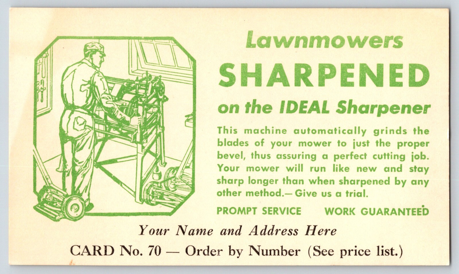 Lawnmower Sharpened Ideal Sharpener Salesman Sample Display Trade Card