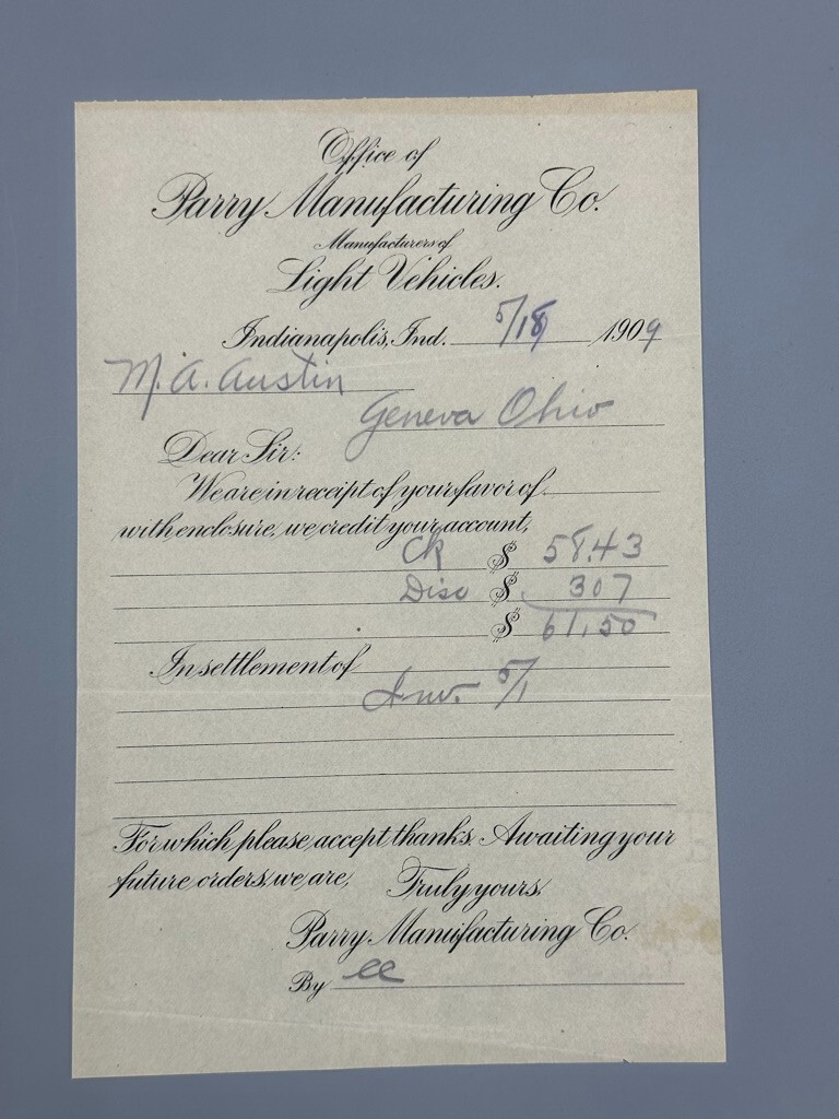 1909 PARRY CARRIAGE Letter Invoice Ephemera INDIANAPOLIS Advertising