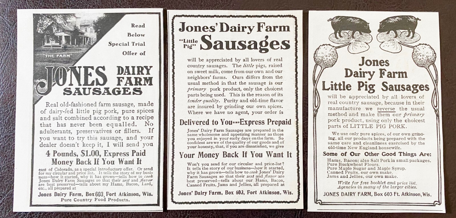 1900s JONES DAIRY FARM LITTLE PIG SAUSAGES Vtg Pork Print Ad Lot~Ft.Atkinson,Wis