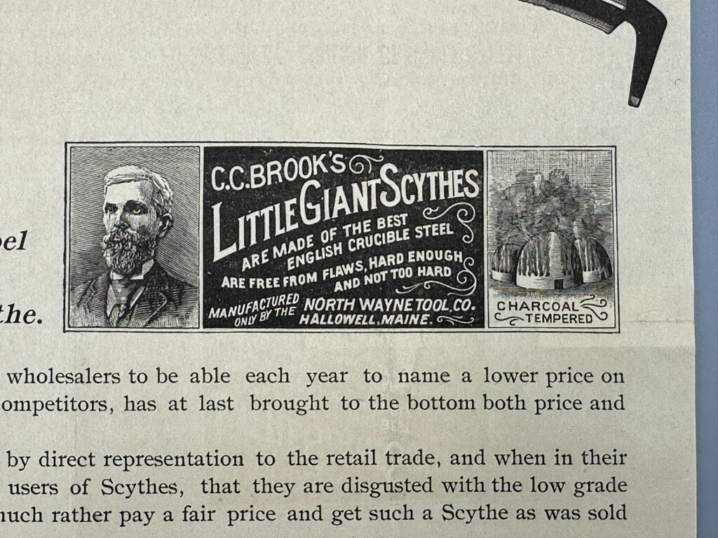 c1900 LITTLE GIANT SCYTHE Farm Advertise NORTH WAYNE TOOL Broadside HALLOWELL ME