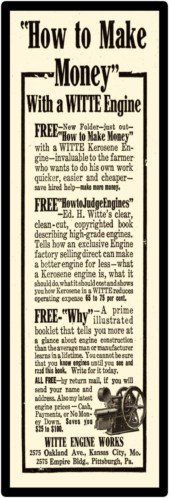 Witte Gas Engines of Kansas City Sign, 12&Prime; x 36&Prime; USA STEEL XL Size – 4 POUNDS