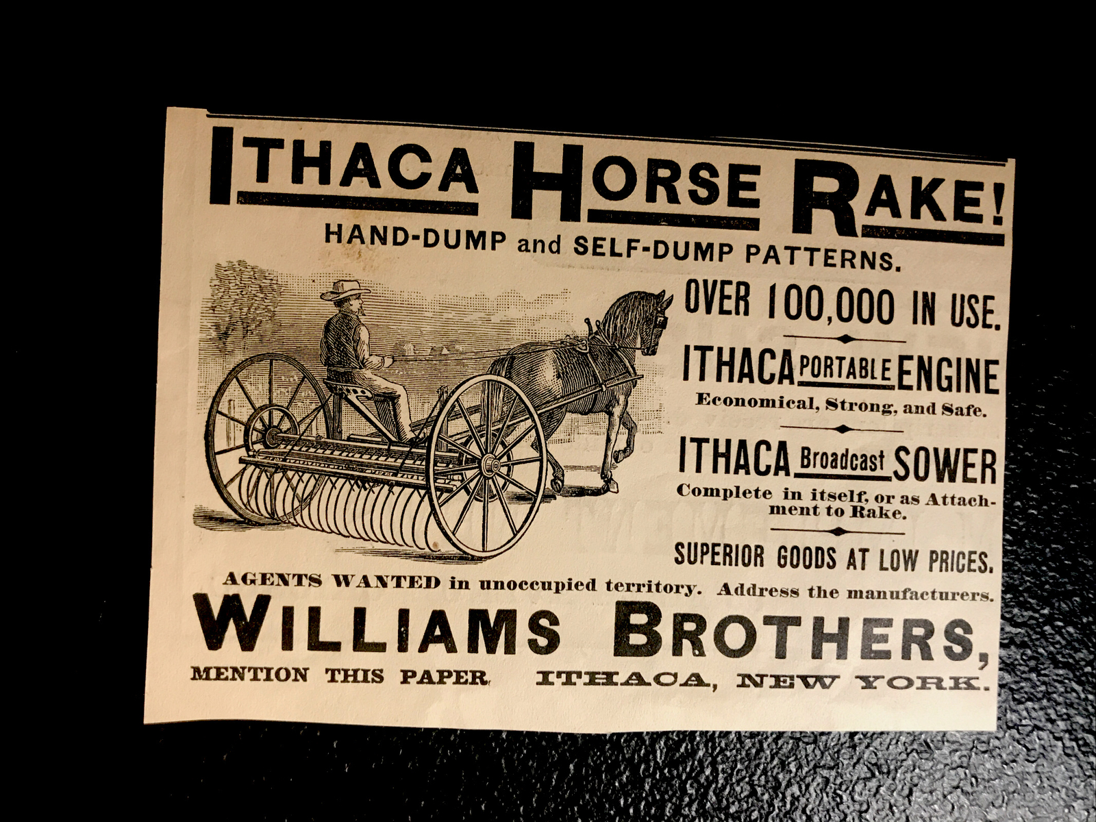 1886 Williams Bros. Horse Rake Farm Engraving Advertising – Ithaca – New York