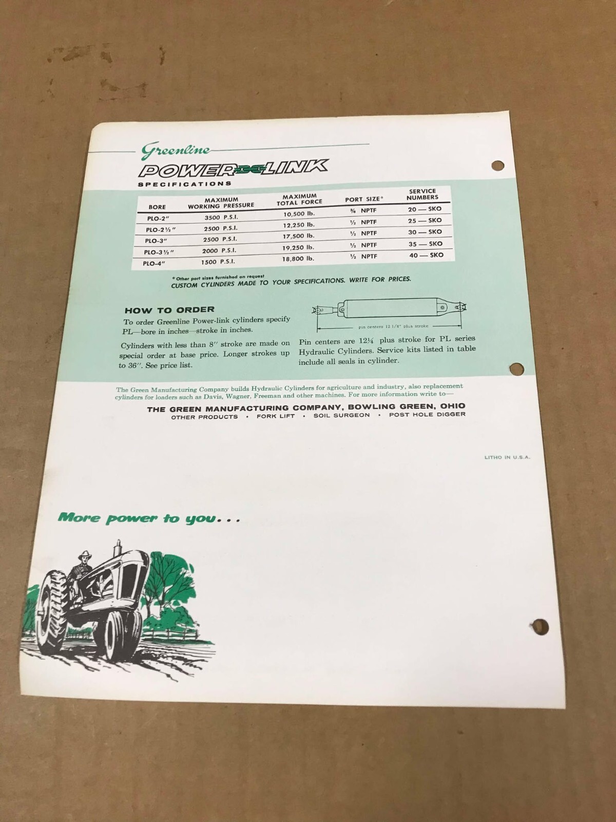 Vintage Greenline Power Link PL Series Hydraulic Cylinders Flyer