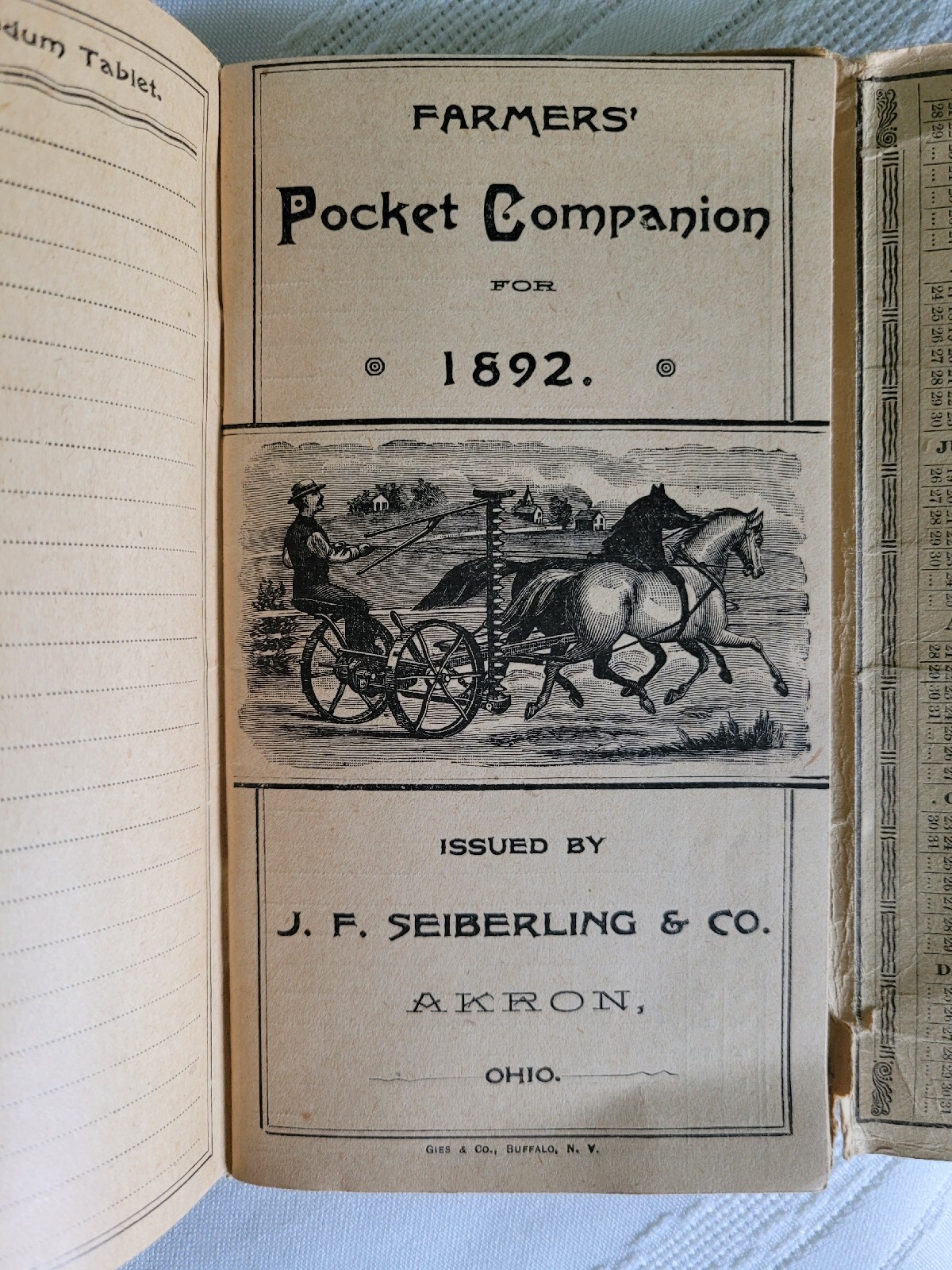 Empire Farmers Pocket Companion, 1892, J. F. Seiberlinkg & Co., Akron, OH