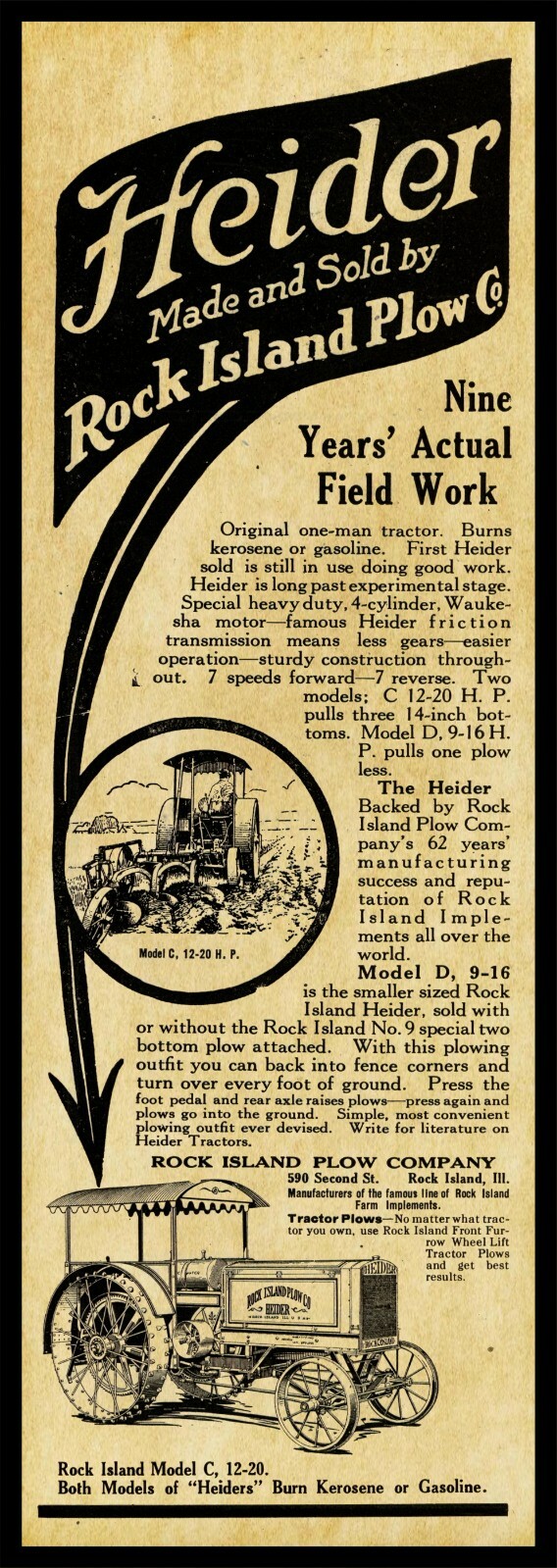 1917 Heider Tractors of Rock Island, Illinois New Metal Sign: 6&Prime; x 18&Prime; Long