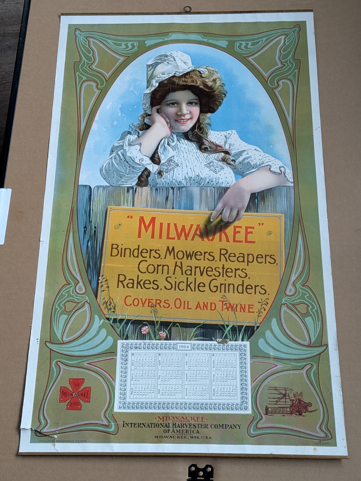Milwaukee Leads International Harvester Oil Advertising Lithograph Sign Calendar