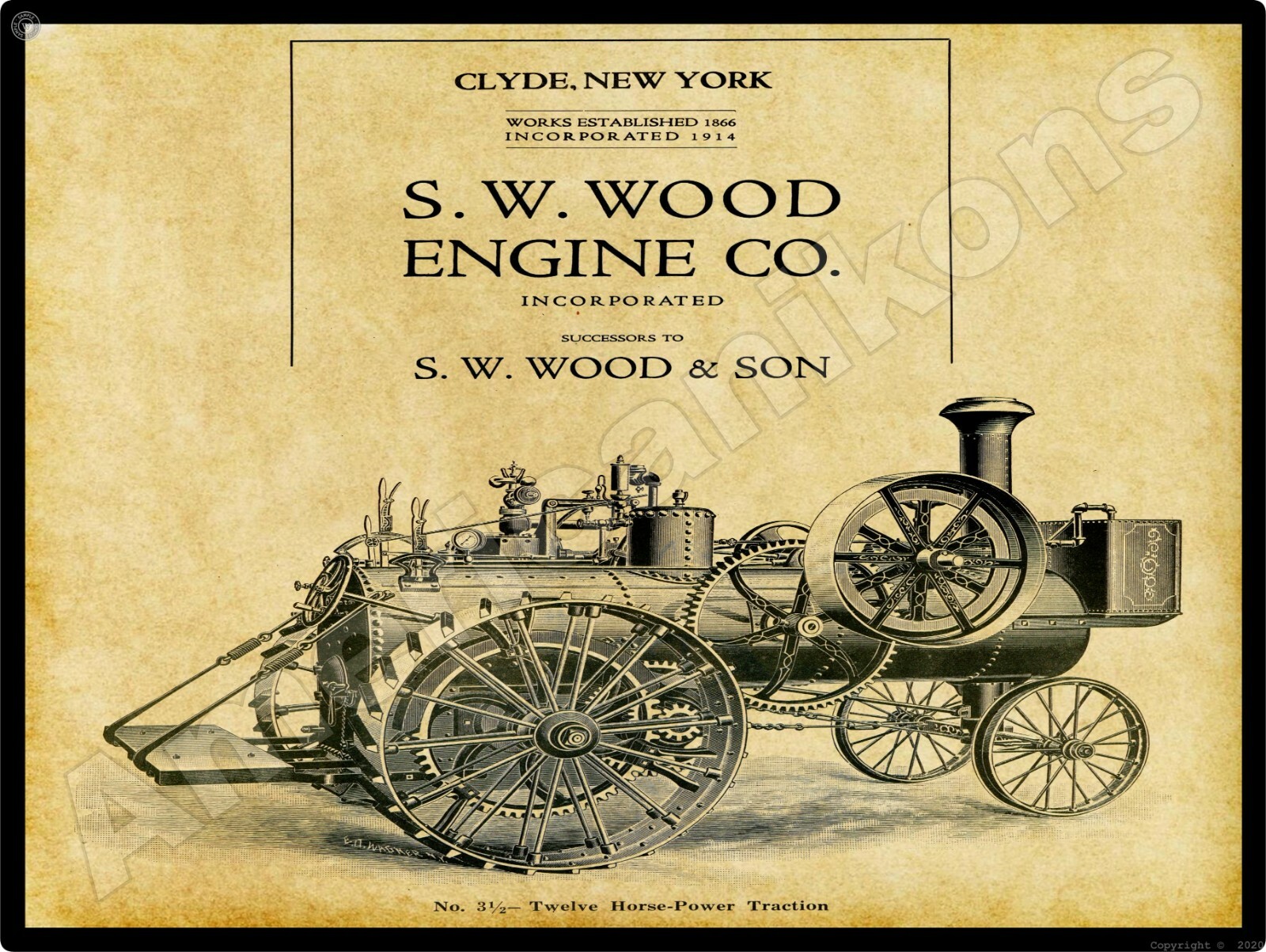 S.W. Wood Engine Company New Metal Sign: Traction Engine – Clyde, New York