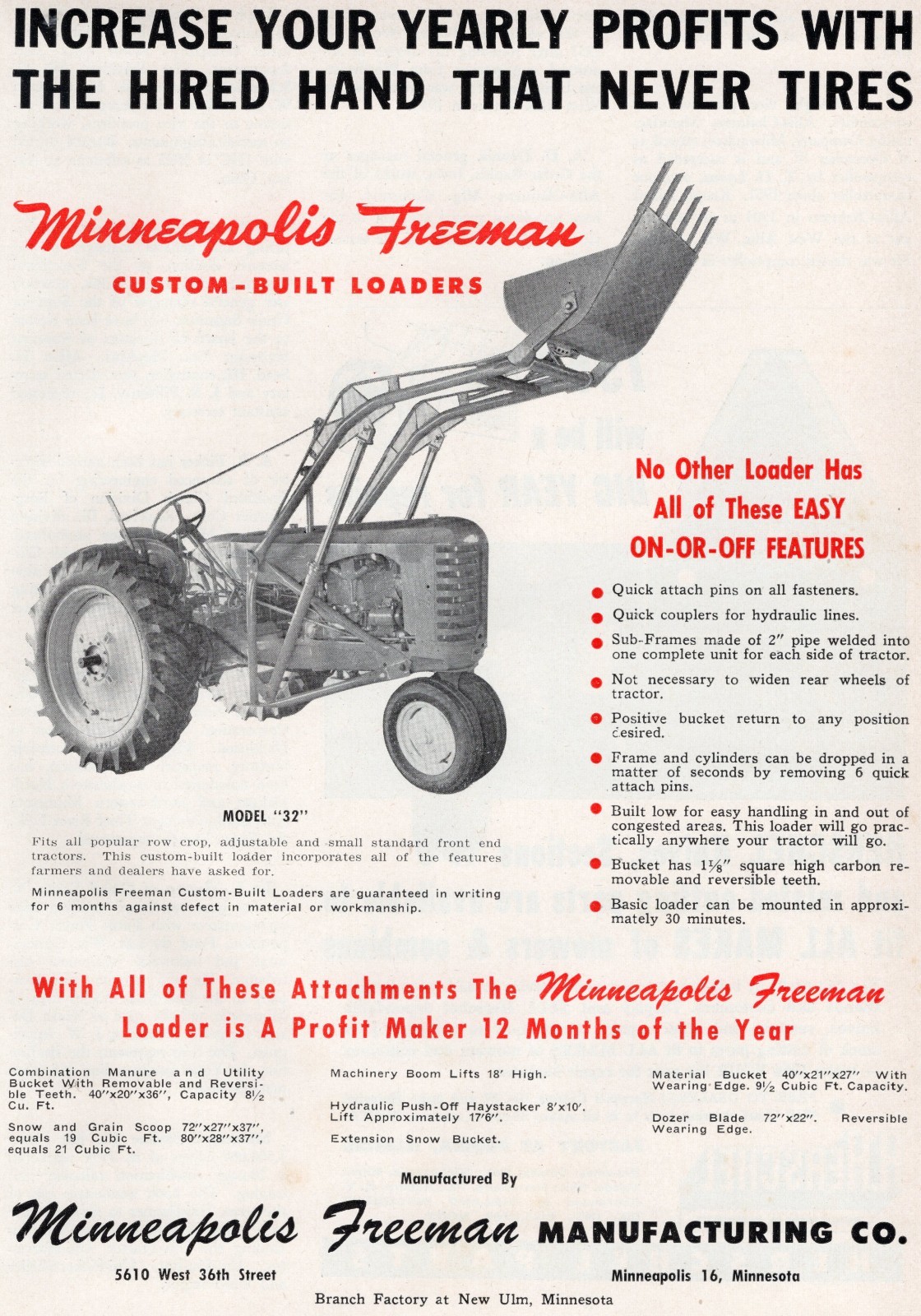 1954 Dealer Print Ad of Minneapolis Freeman Model 32 Custom Built Tractor Loader