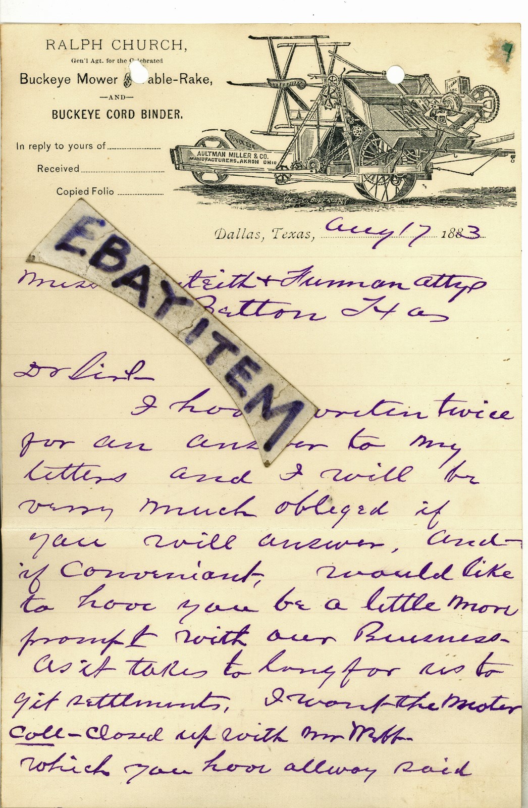 1883 LETTERHEAD DM Ralph Church DALLAS TEXAS Farm Machinery AULTMAN MILLER Akron