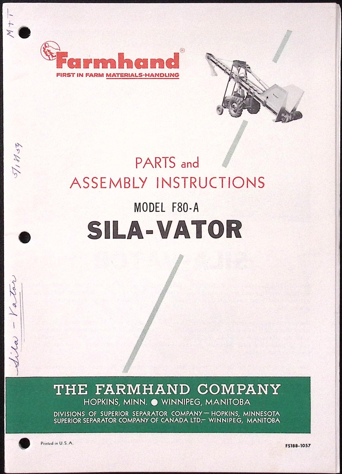 1959 Farmhand Parts & Assembly Instruction Booklet Model F80-A Sila-Vator