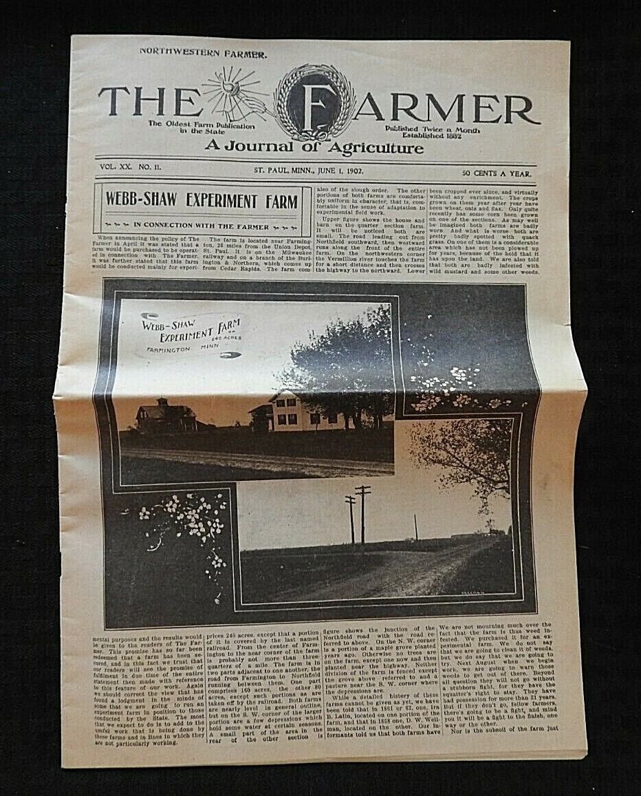 1902 « The Farmer » Webb-Shaw Farm Experiment St. Paul MN Agricultural Newspaper