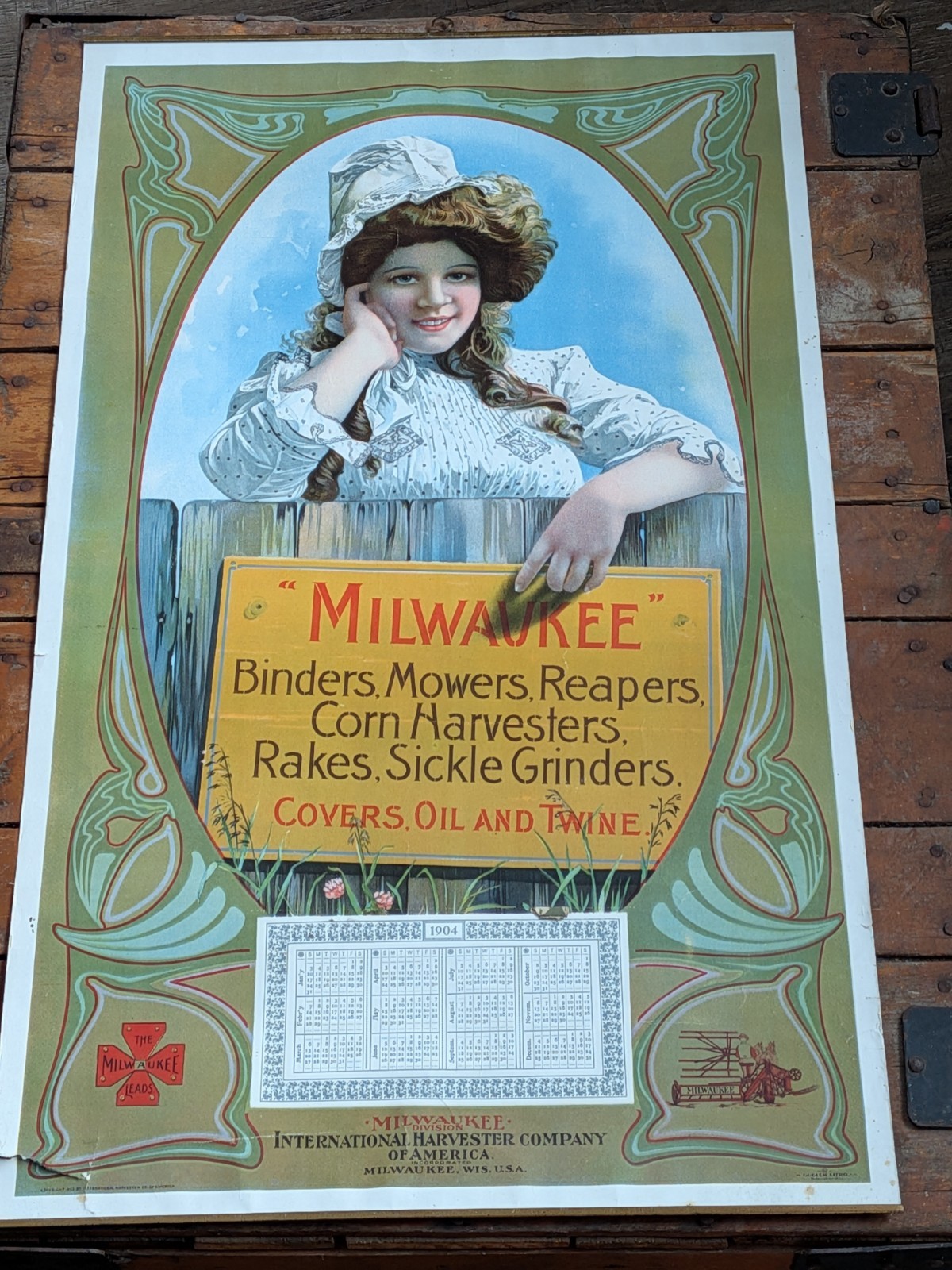 Milwaukee Leads International Harvester Oil Advertising Lithograph Sign Calendar