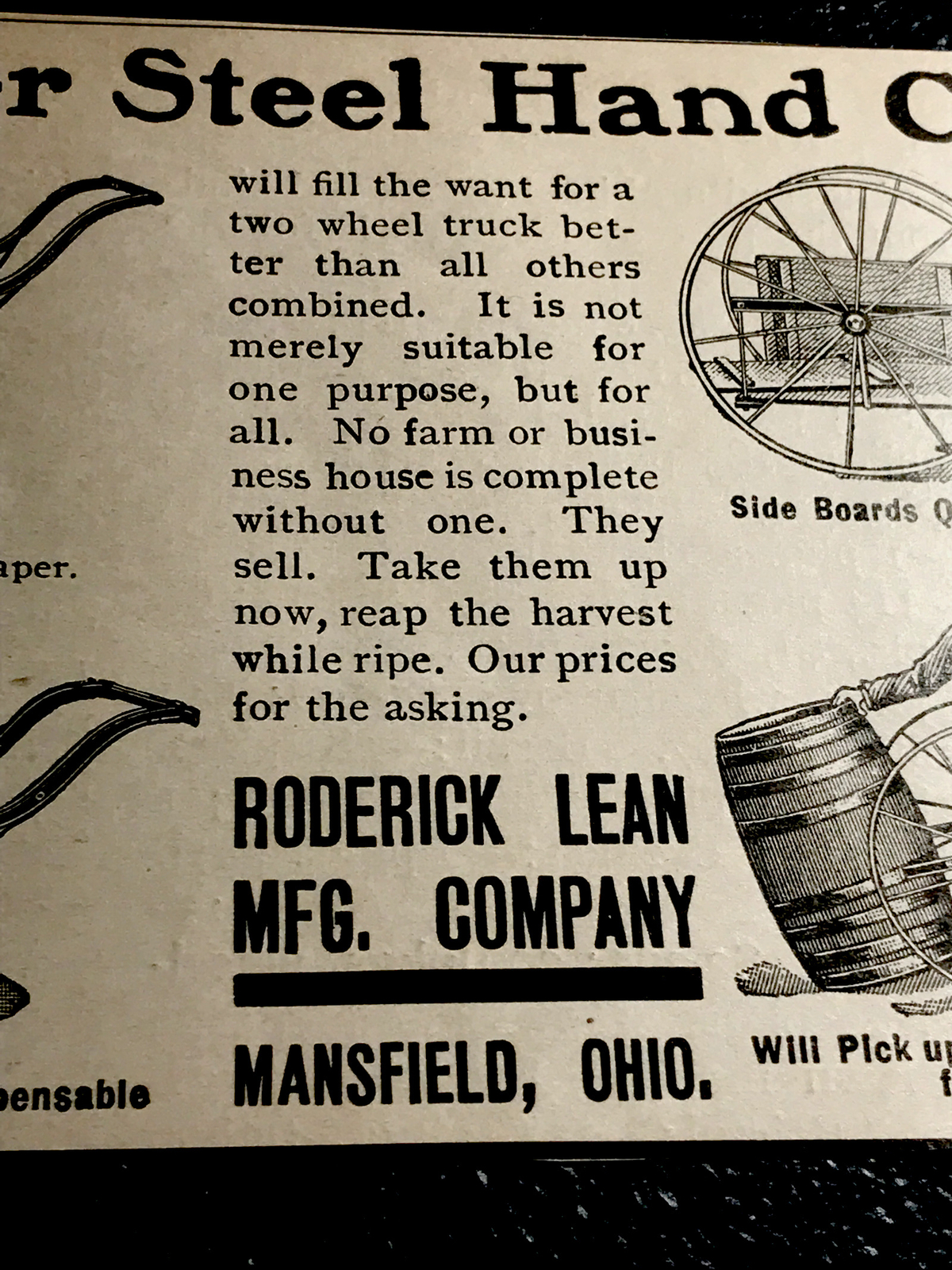1902 Butler Hand Cart Farm Engraving Advertising – Mansfield – Ohio