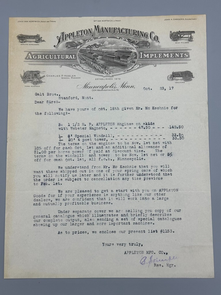 1917 APPLETON TRACTORS Farm Machinery MINNEAPOLIS Letter Antique Advertising
