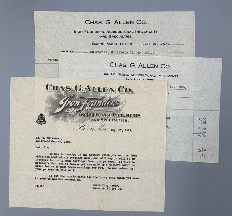 1923 -24 IRON FOUNDERS Agricultural Antique FARM Advertising Letter BARRE MA