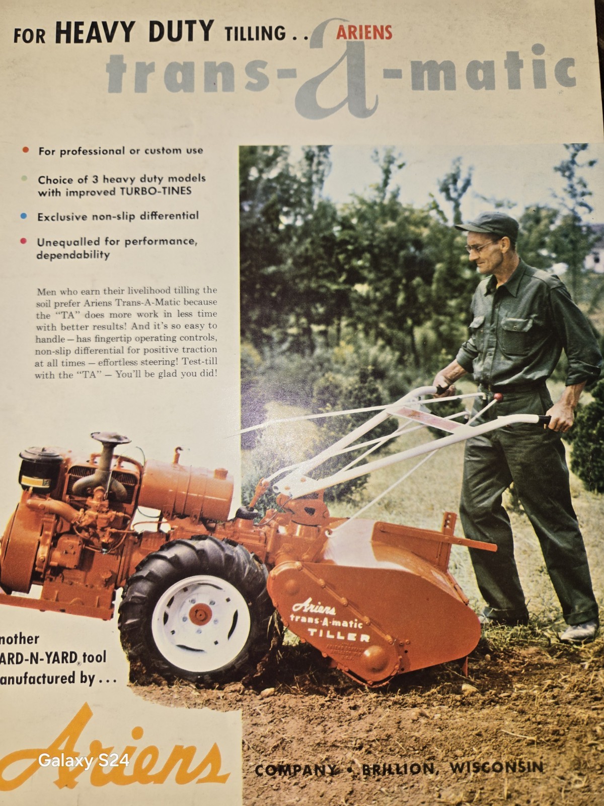 ARIENS TRANS-A-MATIC HEAVY DUTY TILLING MACHINE 2 SIDED DEALER ADVERTISEMENT