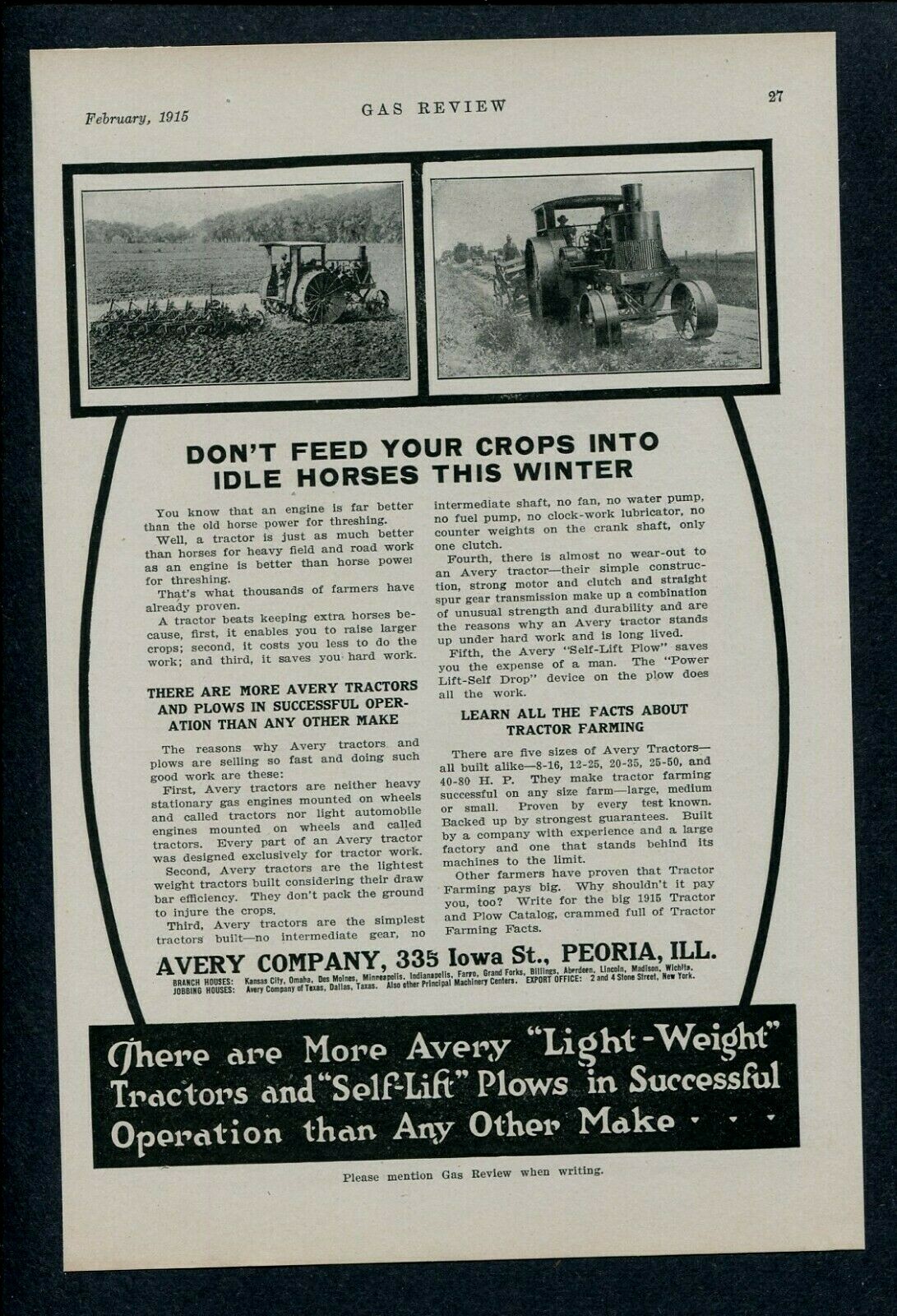 1915 Avery Tractor Ad – Two Field Scenes Peoria IL