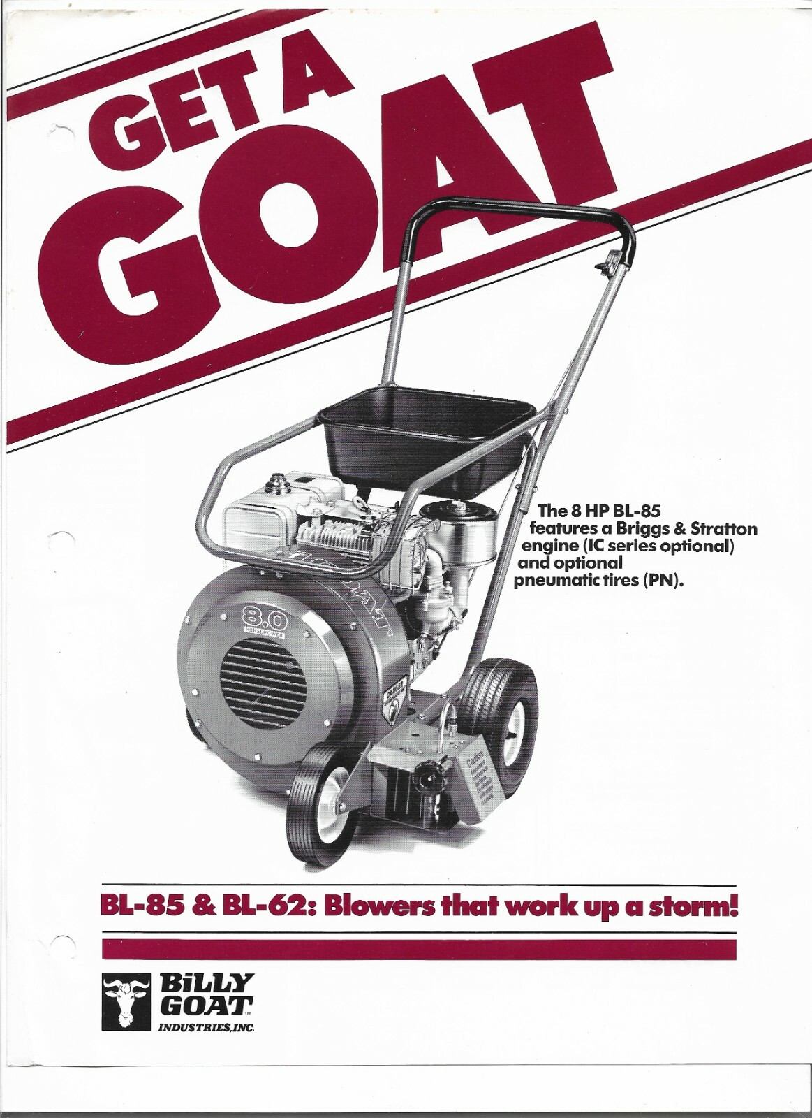 Original OEM OE Billy Goat Model BL62 BL85 Blower Sales Brochure Form No. 070886