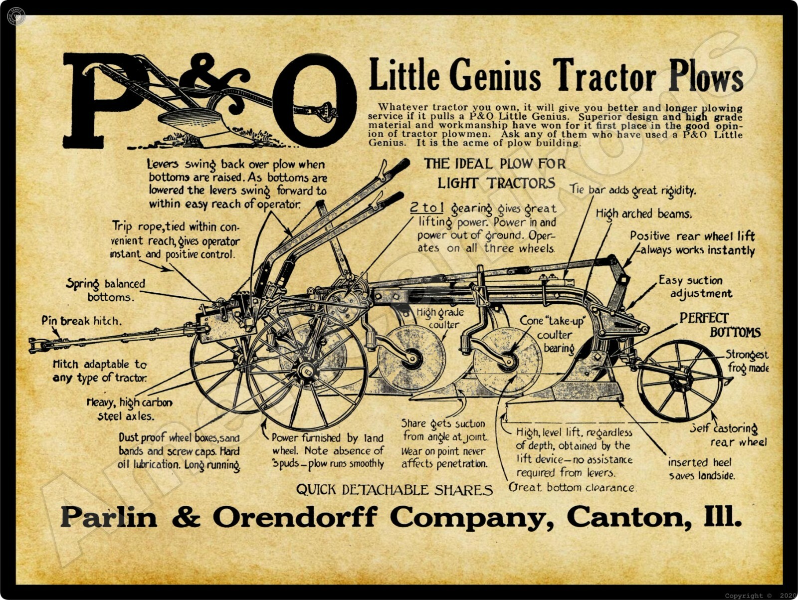 1919 P & O Little Genius Tractor Plows New Metal Sign: Canton, IL – Large Size