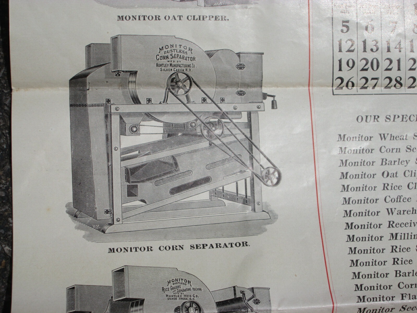 1903 Machinery Calendar Sign Poster, Silver Creek NY Huntley Grain Cleaning Mfg.