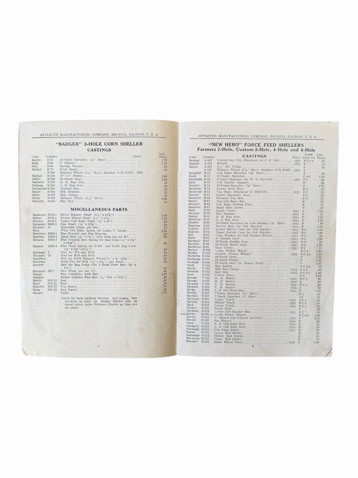 Appleton Mfg Co Spring Corn Shellers Parts List Batavia Illinois c.1929