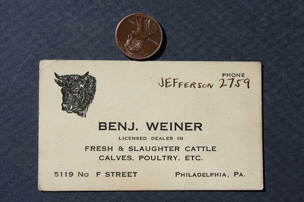 1930-40s Philadelphia Pennsylvania Ben Weiner Cattle & Poultry business card—-