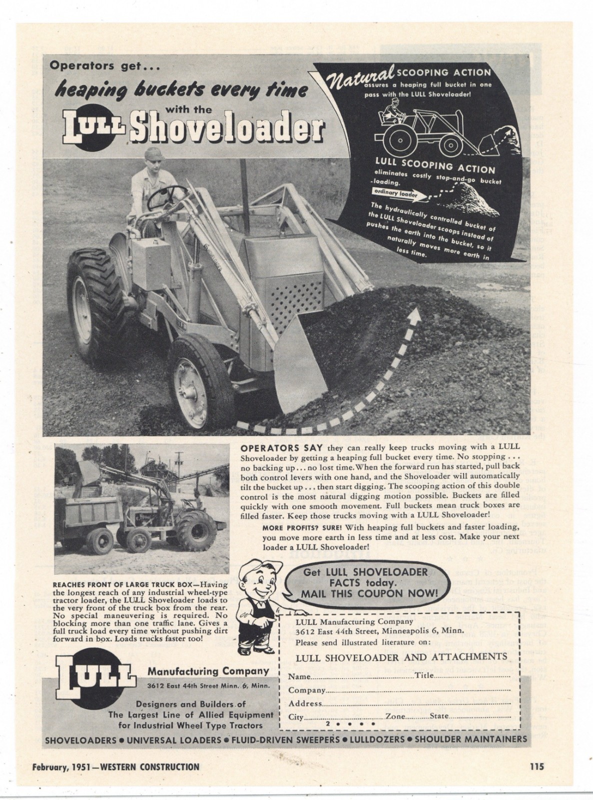 1951 Lull Mfg. Co.. of Minneapolis Ad: Shoveloader – Heaping Buckets Every Time!