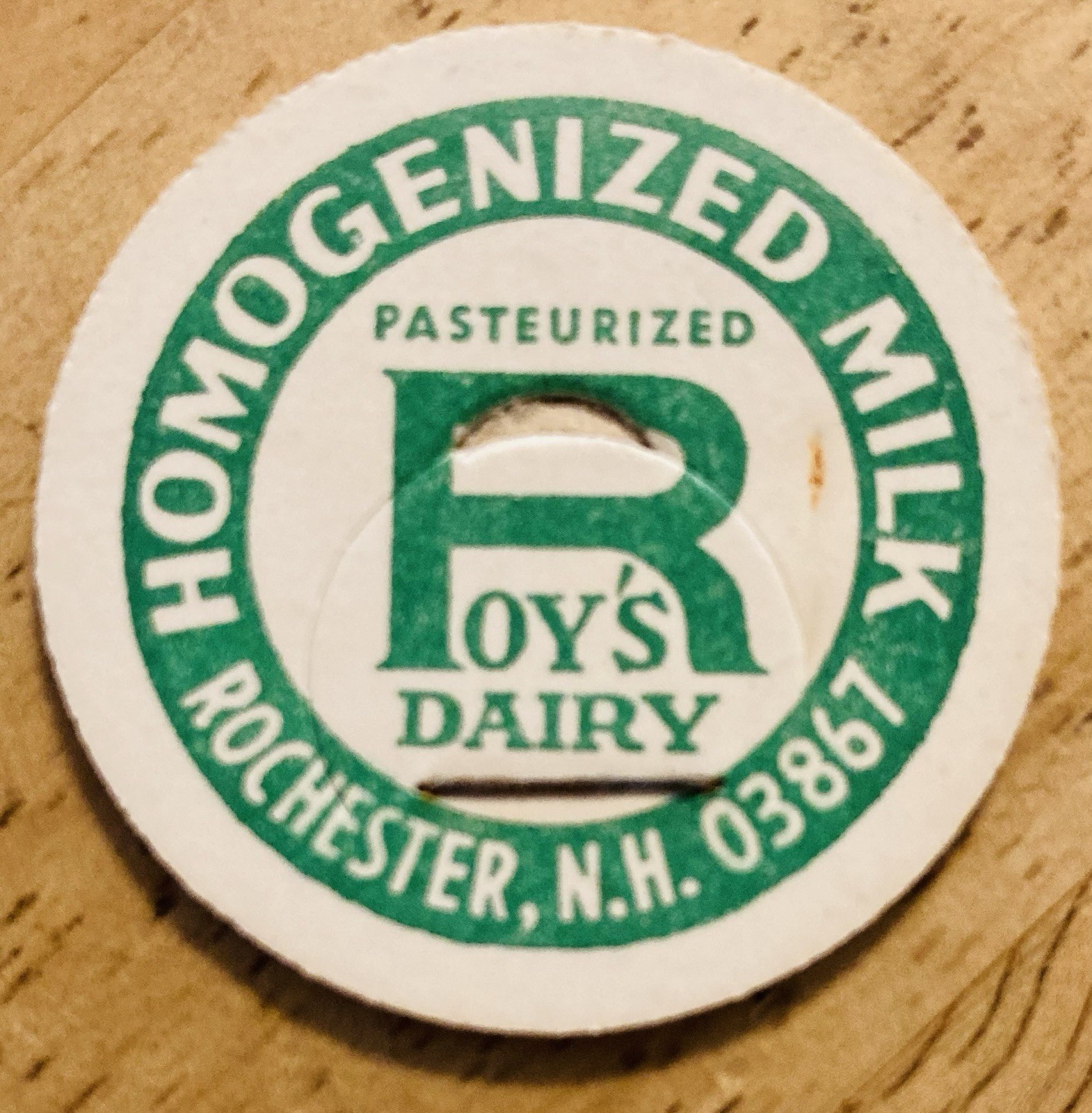 MILK BOTTLE CAP~ROY’S DAIRY FARM, ROCHESTER, NH. HOMOGENIZED MILK