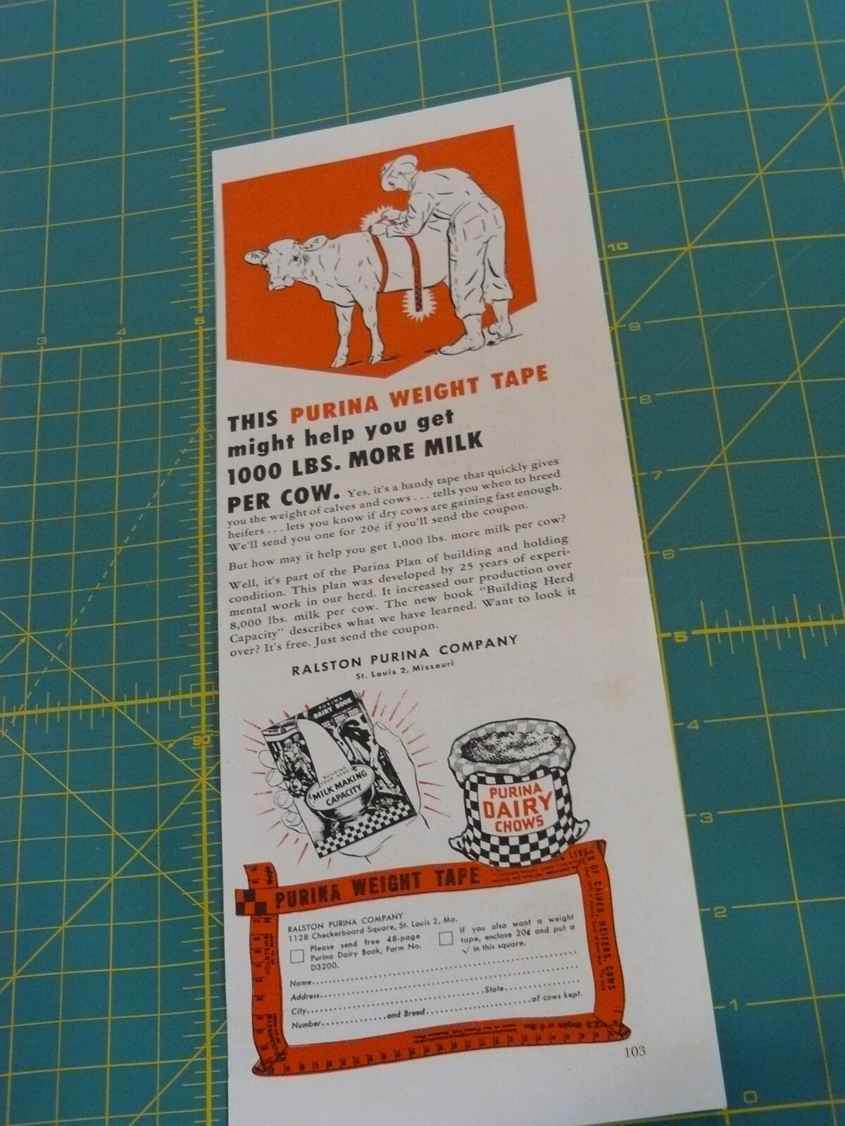 THE FARM QRTLY- AUTUMN 1951 -ad- PURINA DAIRY CHOWS – Weight tape/ St. Louis, MO