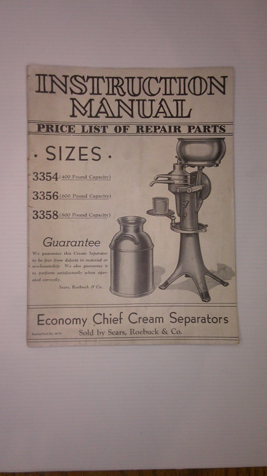 Instruction Manual for Sears Roebuck Co. cream separator part list & repair 8D