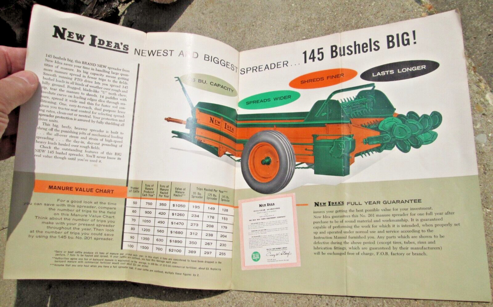 Vintage New Idea 145 Bu. Capacity MANURE SPREADER No. 201 PTO Sale Brochure