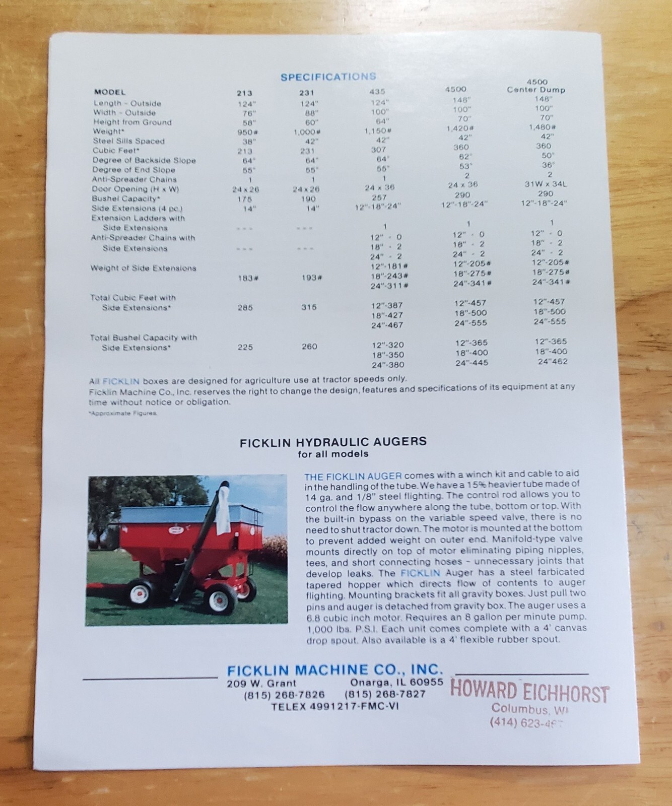 Ficklin Gravity Boxes Models 4500 435 231 213 Sales Brochure Pamphlet Specs