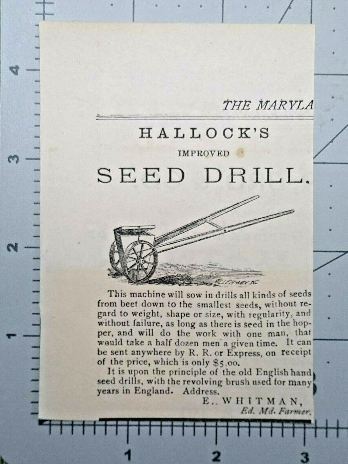 1881 Hallock&rsquo;s Improved Seed Drill Antique Farming Equipment Art Vtg Print Ad